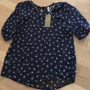 Woman’s Navy Blue Ophelia Francesca Sheer Blouse Button Sleeve Comfy Sz M